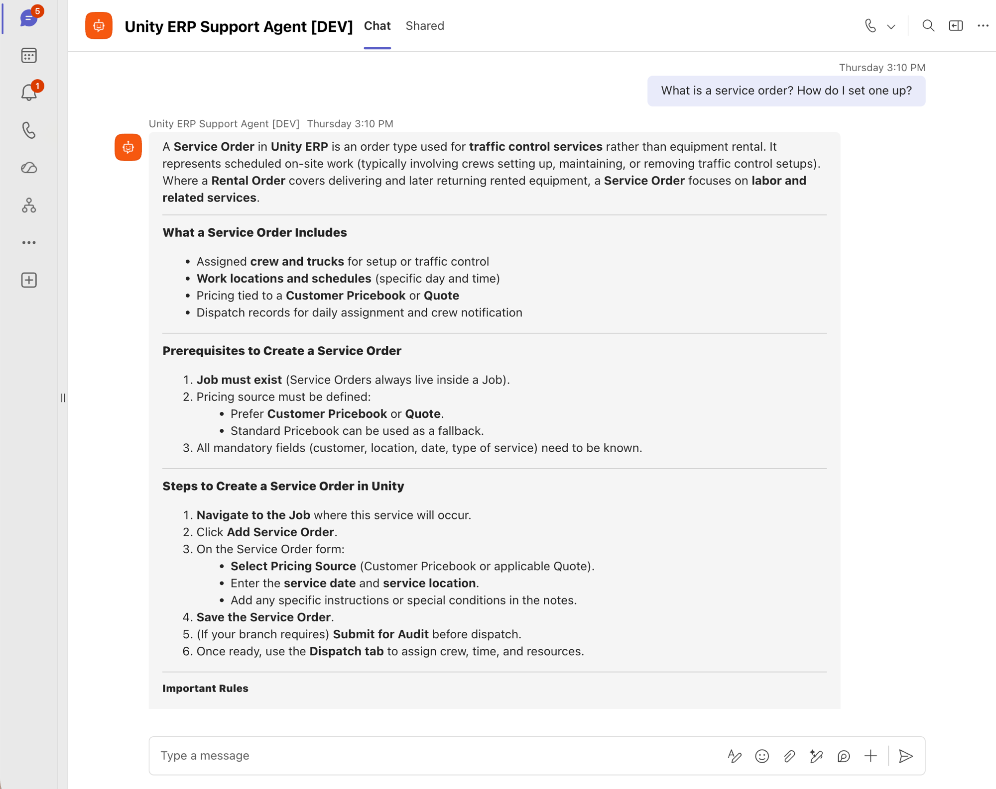 Unity ERP Support Agent explaining what a service order is and how to create one, inside Microsoft Teams