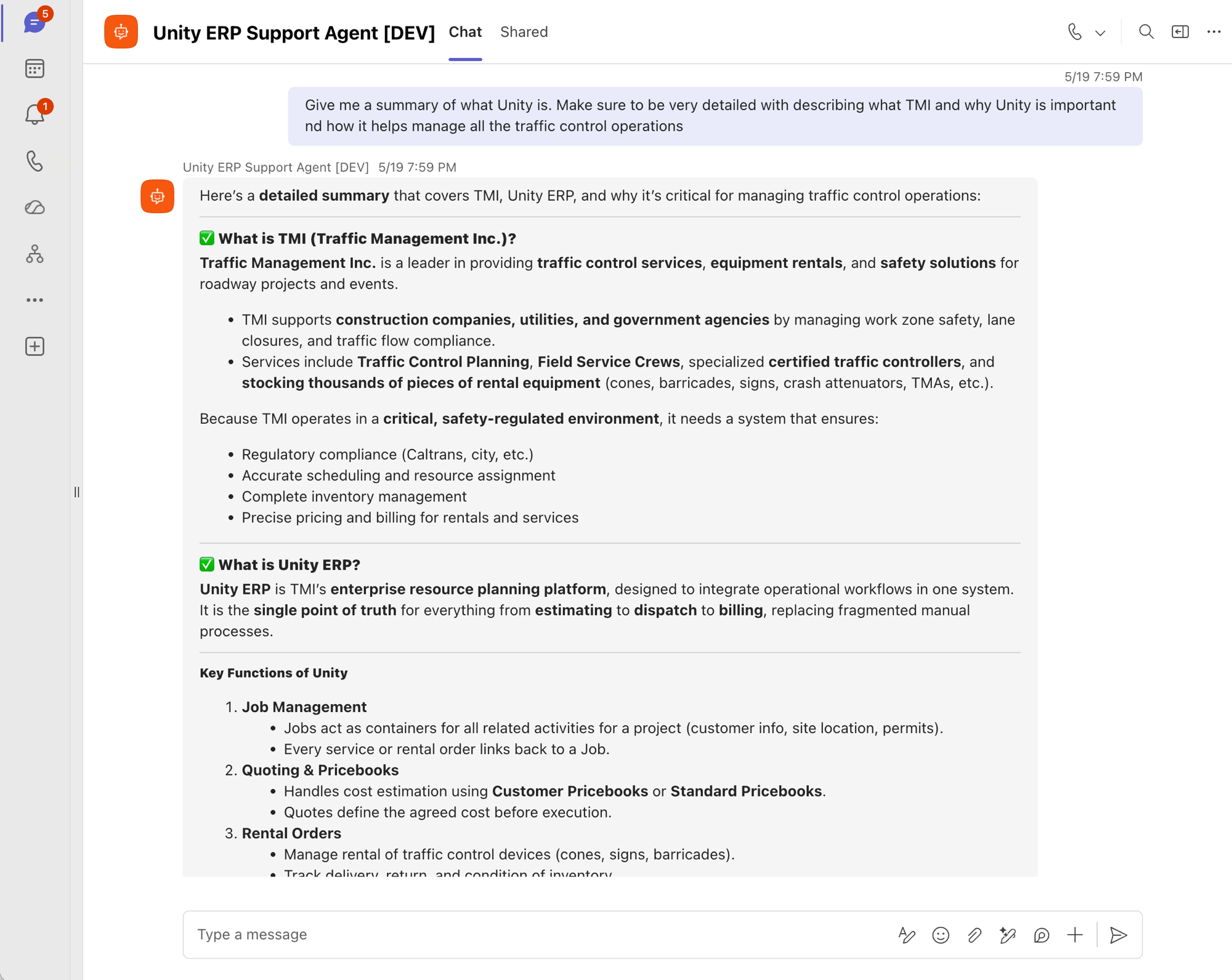 Unity ERP Support Agent giving a detailed summary of TMI and Unity ERP, inside Microsoft Teams